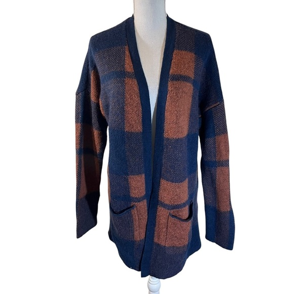 American Eagle Plaid Wool Blend Open Cardigan Sweater Pockets Brown Navy Blue - Picture 1 of 9